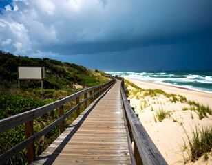 Scenic Boardwalk Pathway Through Coastal Landscape and Ocean Waves