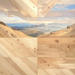 Abstract wood grain design overlaid with a desert mountain landscape, creating a layered effect of natural textures and colors