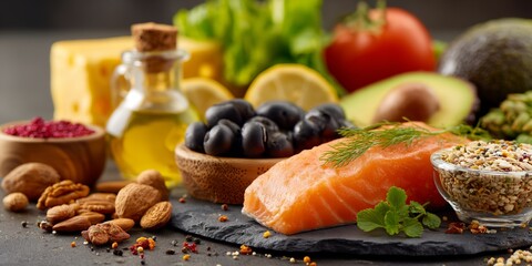 Bowl of nuts and a bowl of fish are on a table. There are also several bowls of vegetables and fruits