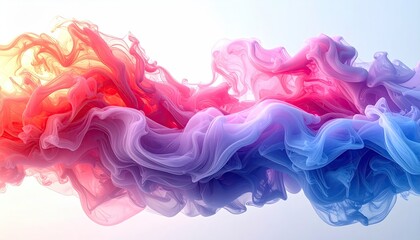 Abstract swirling vibrant hues of red, orange, pink, purple, and blue paint or dye in water, creating a flowing, ethereal, colorful wave-like pattern reflected on a light background