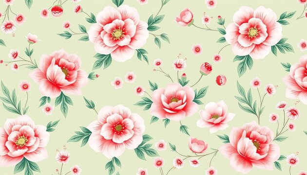 Delicate blush pink & celadon green floral chinoiserie seamless pattern, watercolor texture, seamless, floral
