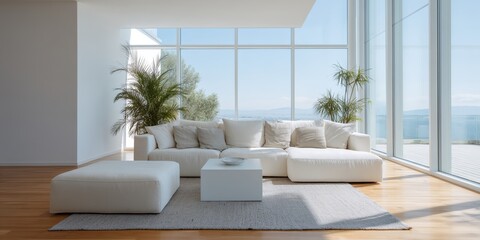 White couch is in a living room with a white coffee table in front of it. There are two potted plants in the room, one on the left and one on the right