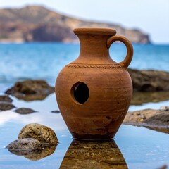 Rustic terracotta jug with a hole, rests on rocks by the sea, reflecting in shallow water; hills in background