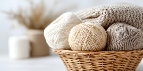 Obraz premium Basket of yarn with a white, tan, and brown ball of yarn. The basket is on a table