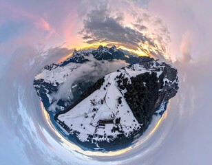 A miniature planet-like panorama showcases a snow-dusted mountain peak at sunset, with clouds swirling beneath and vibrant, colorful skies above
