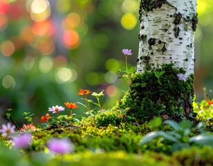 Sunlit birch tree base, vibrant wildflowers and moss carpet, bokeh background