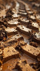 Deep tire treads in wet, dark brown mud, showing texture and water pooling in the grooves