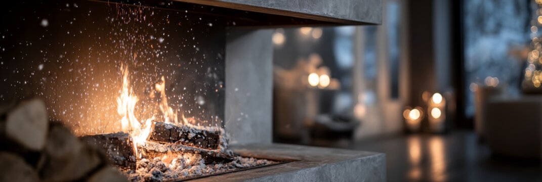 Fireplace with a lot of logs and a lot of snow falling on it. The logs are burning and the snow is falling on them