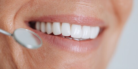 Obraz premium Woman is smiling and holding a dental mirror. The mirror is reflecting her teeth. The woman's teeth are white and clean