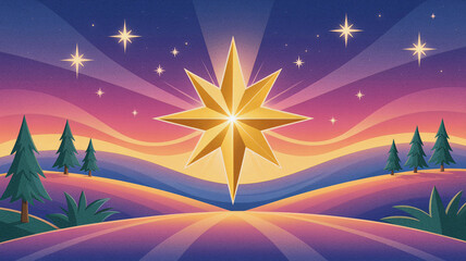 Epiphany symbolic glowing bright golden star shining above radiant horizon with luminous gradient sky, festive Christian seasonal artwork of light, hope, and tradition