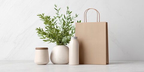 White bag with a green plant inside it is placed on a table