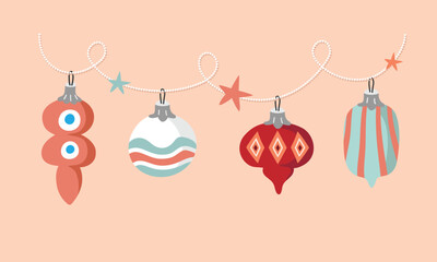 A garland with Christmas tree decorations in the form of toys and stars in a vintage style. Flat vector illustration on a pastel background.