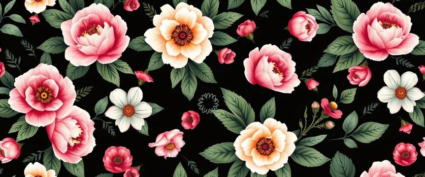 Seamless black floral pattern; peonies, roses, anemones, leaves, brush strokes, botanical, hand-drawn, vector, abstract, paint, illustration, floral motif,  design,  print - Powered by Adobe