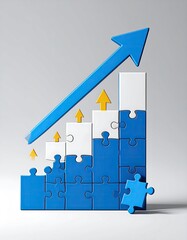 Ascending blue puzzle pieces forming a bar graph with an upward-pointing arrow, symbolizing growth and progress