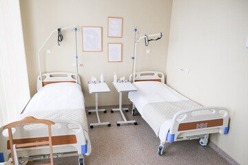 moscow, russia, 19.02.2025 Two hospital beds with a white blanket on them