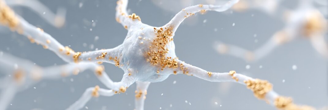 White neuron with gold specks on it. The neuron is surrounded by a white background. The gold specks are scattered throughout the neuron, giving it a textured appearance