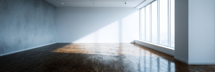 Obraz premium Large room with a white wall and wooden floors. The floor is shiny and the room is empty
