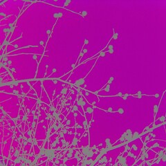鮮やかなピンクの画面に広がる灰色の木の枝のシルエット