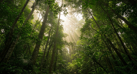 Fototapeta premium Dense tropical jungle with shafts of light breaking through the canopy