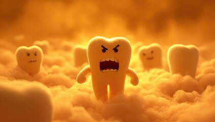 A group of cartoon teeth, rendered in warm hues, are angrily positioned on a bed of fluffy clouds.