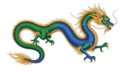 Fototapeta premium Illustration of a colorful dragon with green blue and gold on a white background.