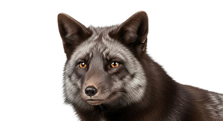 A fox with dark fur and grey markings is isolated against white background.