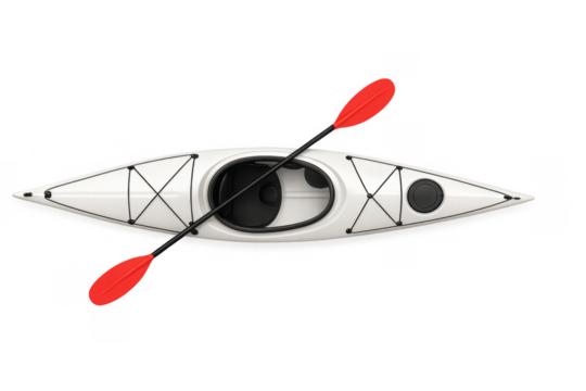 Isolated white recreational kayak with paddle, top view