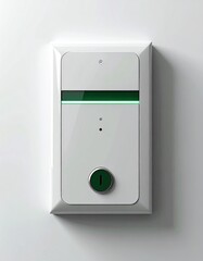 Sleek white wall-mounted device with a green LED indicator light, a small circular button, and subtle beveled edges