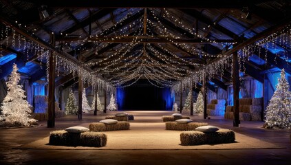 A rustic barn space is decorated with numerous Christmas trees and string lights, creating a festive and charming winter wonderland.