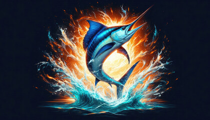 Dynamic Atlantic blue marlin jumps with vibrant orange burst on dark canvas. Ideal for sport fishing apparel, tees, souvenirs, capturing angling excitement