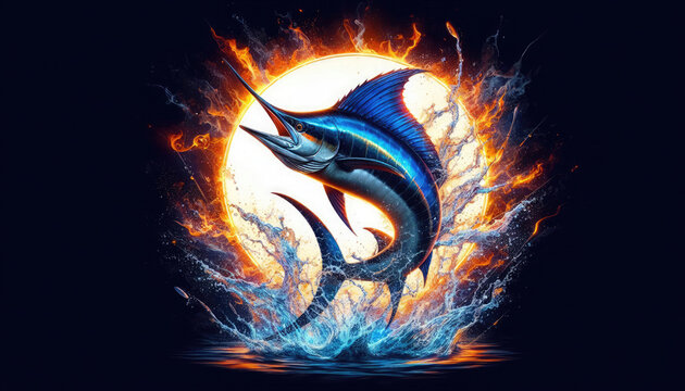 Majestic Atlantic blue marlin jumps with sunset glow on orange backdrop. Suited for sport fishing gear, tees, souvenirs, capturing marine adventure