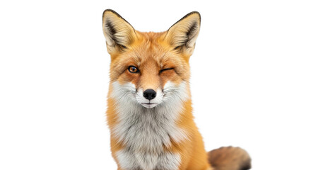 Fox portrait against white background shows orange fur and closed eyes.