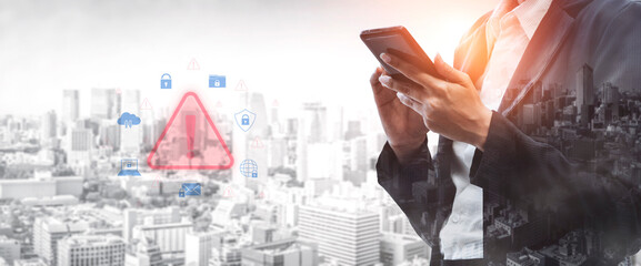 Cybersecurity threat alert protects data. Cyber security threat alert prevents access, alert warns...