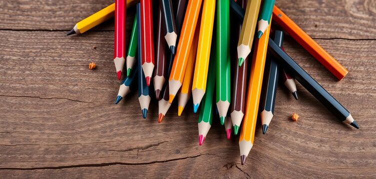 Assorted colored pencils scattered on a textured wooden surface,  art,  stationery
