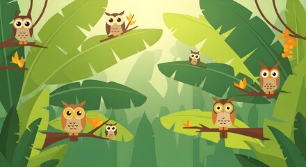 Obraz premium Charming cartoon owls perched on branches in lush tropical jungle scene, perfect for children's books or whimsical designs with vibrant colors