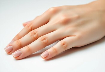 Naklejka premium Close-up of a delicate female hand, fingers slightly splayed, resting on a pristine white surface, image, photography