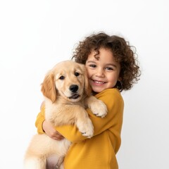 A joyful little kid with curly hair is hugging a cute golden retriever puppy against a white background, demonstrating the bond between children and pets
