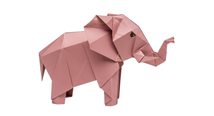 Origami elephant figure pink paper craft isolated on white background.
