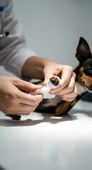 Veterinarian carefully bandages an injured paw of a small dog during a check-up at the clinic, ensuring its well-being with expert care and attention to detail