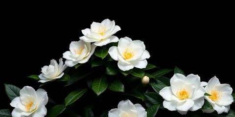 Obraz premium Elegant white camellias with lush green foliage, starkly contrasted against a deep black backdrop, stock photo, photography