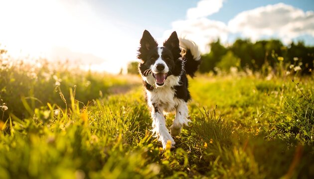 Happy black and white dog running towards camera in grassy field, bathed in warm sunlight