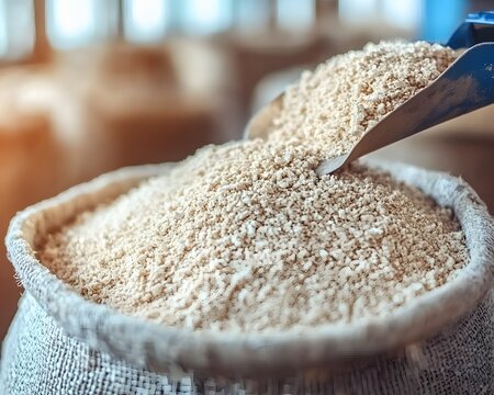 Closeup Granular Feed in Burlap Sack Scoop