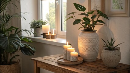 Fototapeta premium Relaxation Corner Candles Indoor Plants Ceramic Vase —AI GENERATED