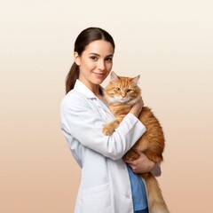 Smiling young female veterinarian doctor in white coat holding cute ginger cat in arms and looking at the camera, isolated on blurred background for veterinary clinic or pet care concept .