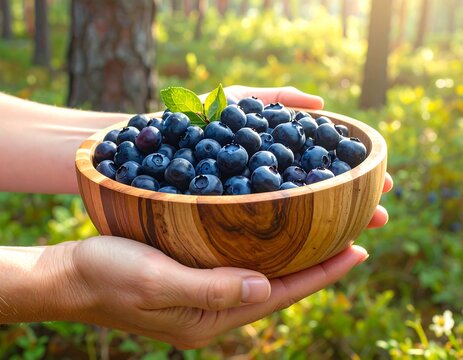 Fresh blueberries in a wooden bowl, held by hands in a forest - Powered by Adobe