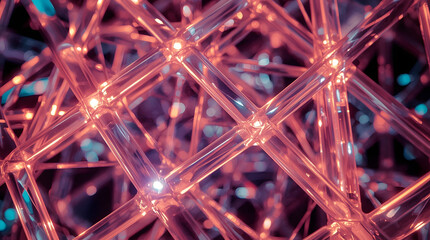 Interconnected Network: A close-up, macro shot of a complex, interconnected network, where glowing nodes of light connect, forming a complex web in a mesmerizing display of structural intricacy.
