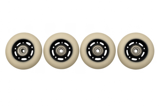 White inline skate wheels with bearings on transparent background