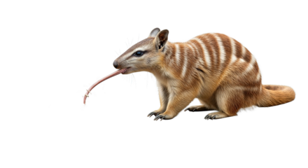 Numbat eating ants from a mound on a white background.