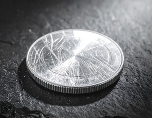 Close-up of a cracked metallic coin on dark stone