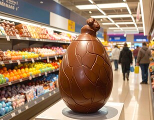 Giant Chocolate Easter Egg Display in Supermarket Aisle.